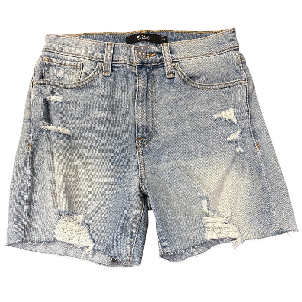 Hudson Devon Biker Denim Shorts Distressed Rips Raw Hem‎ Light Wash Size 24 NWOT